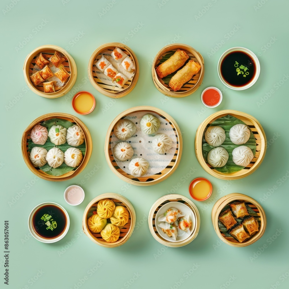Assortment of Delicious Chinese Dim Sum Dishes in Bamboo Steamers with Dipping Sauces on a Green Background Assortment of Delicious Chinese Dim Sum Dishes in Bamboo Steamers with Dipping Sauces on a Green Background