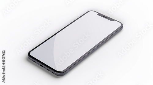 Mobile phone with an empty screen lying flat on a white background