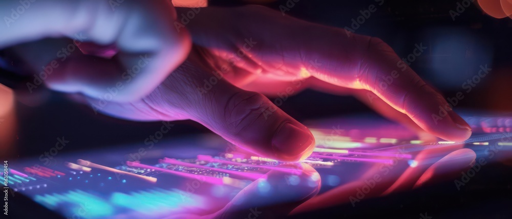 Closeup of a finger tapping a tablet displaying business analytics, with space for text Closeup of a finger tapping a tablet displaying business analytics, with space for text