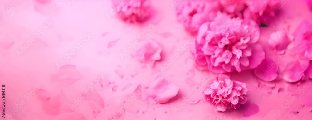 Tender peonies on pink background with copy space. Abstract natural floral frame layout with text space. Romantic feminine composition. Wedding invitation. International Women day 4K Video Tender peonies on pink background with copy space. Abstract natural floral frame layout with text space. Romantic feminine composition. Wedding invitation. International Women day 4K Video