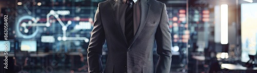 Wallpaper Mural Male CEO in charcoal grey suit, torso view, data flow chart backdrop, futuristic city setting, highlighting data analysis, advanced tone, Tetradic color scheme Torontodigital.ca