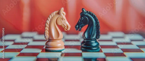 Two chess pieces, a knight and queen, on the board. A business strategy concept with two differently colored horse figures on a checkered background. A mock up copy space for a design template