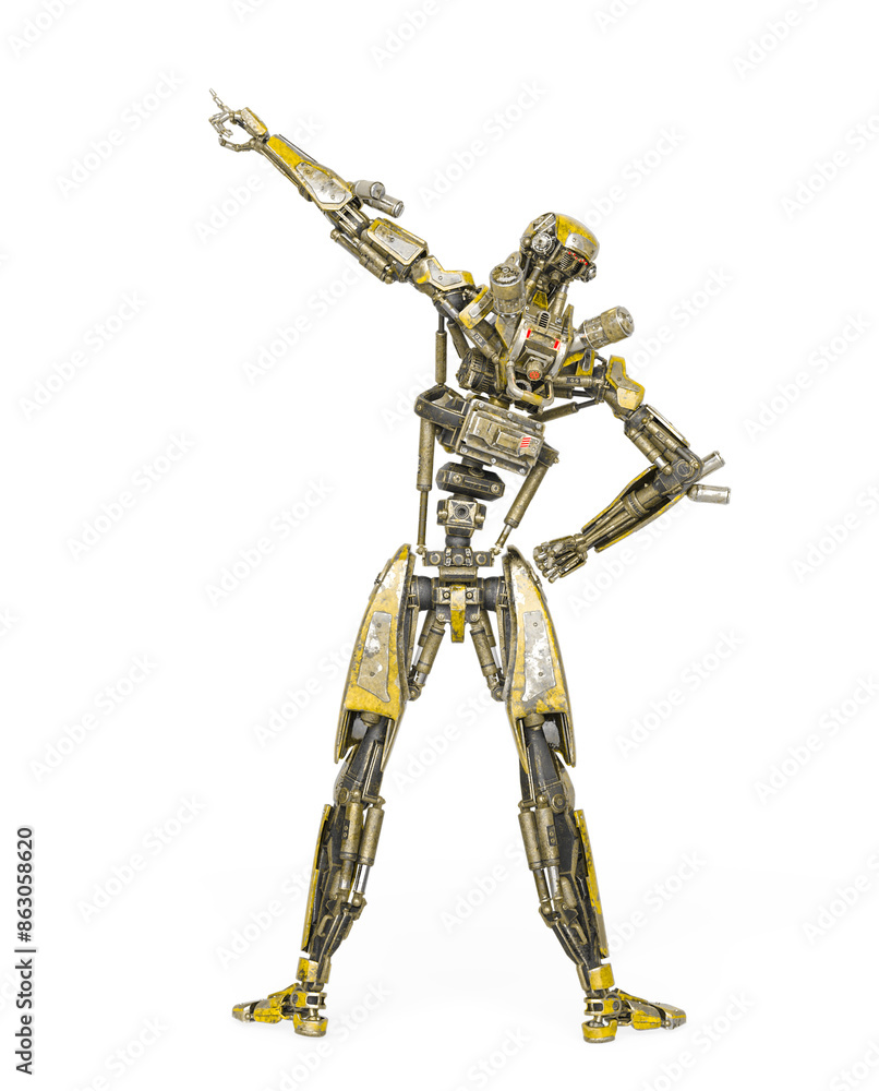 apocalypse cyborg is pointing up to the stars like a comic hero on rear view apocalypse cyborg is pointing up to the stars like a comic hero on rear view