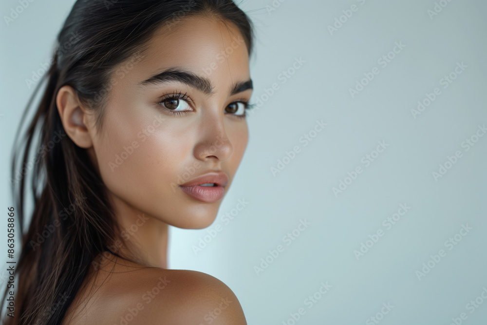 Face of a beautiful Hispanic woman with perfect skin in profile on pastel background. Generative AI. Face of a beautiful Hispanic woman with perfect skin in profile on pastel background. Generative AI.