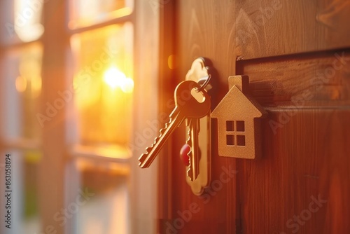 Open door to a new home with a key and homeshaped keychain, symbolizing the concept of homeownership and moving into a new residence