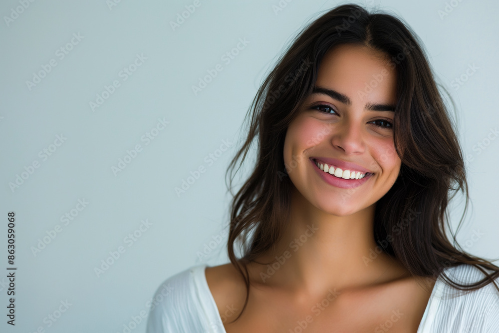 King brunette woman with long wavy hair smiling on white background. Generative AI. King brunette woman with long wavy hair smiling on white background. Generative AI.