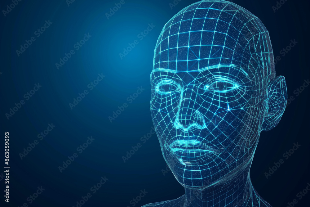 Obraz premium Three-dimensional conceptual wireframe of a human head on blue copy space background. Generative AI