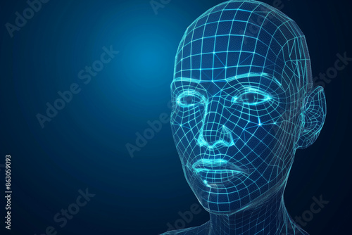 Three-dimensional conceptual wireframe of a human head on blue copy space background. Generative AI