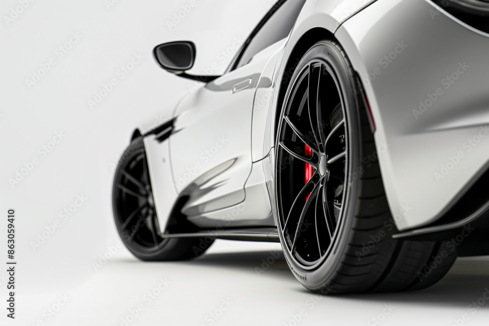 Modern white sports car in perspective on white background. Generative AI. Modern white sports car in perspective on white background. Generative AI.