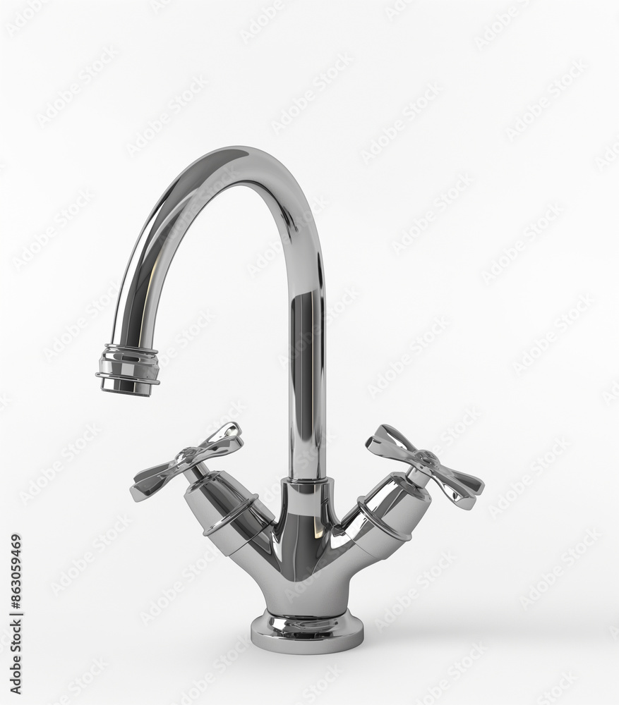 a grey kitchen faucet with two spigots and an angle on the white background a grey kitchen faucet with two spigots and an angle on the white background