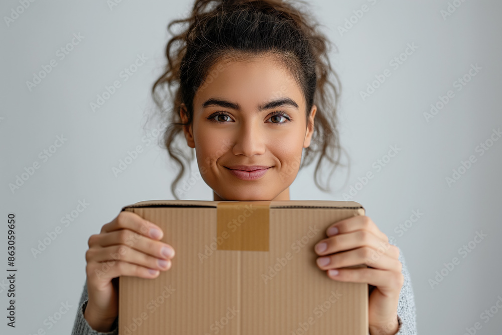 Kind young woman with curly hair holding a cardboard box on light background. Generative AI. Kind young woman with curly hair holding a cardboard box on light background. Generative AI.