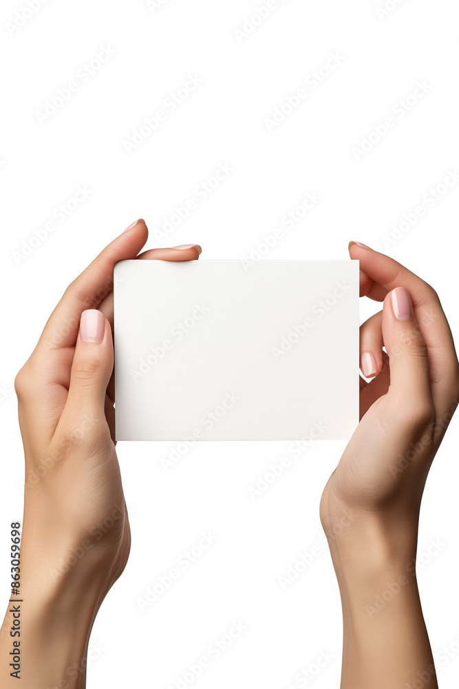 Female hands holding blank paper postcard isolated on white background. Vertical Shot. Generative AI Female hands holding blank paper postcard isolated on white background. Vertical Shot. Generative AI