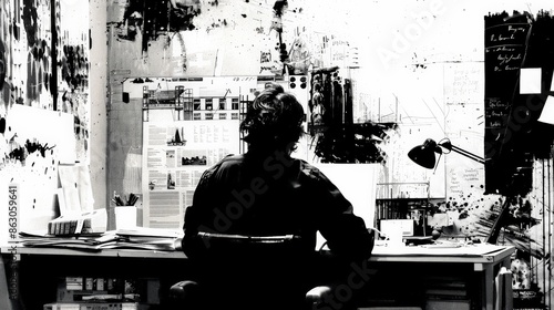 A person sits at a desk in cluttered room, silhouette against papers and drawings