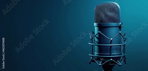 Professional Studio Microphone Ready For Recording With Blue Background And B...