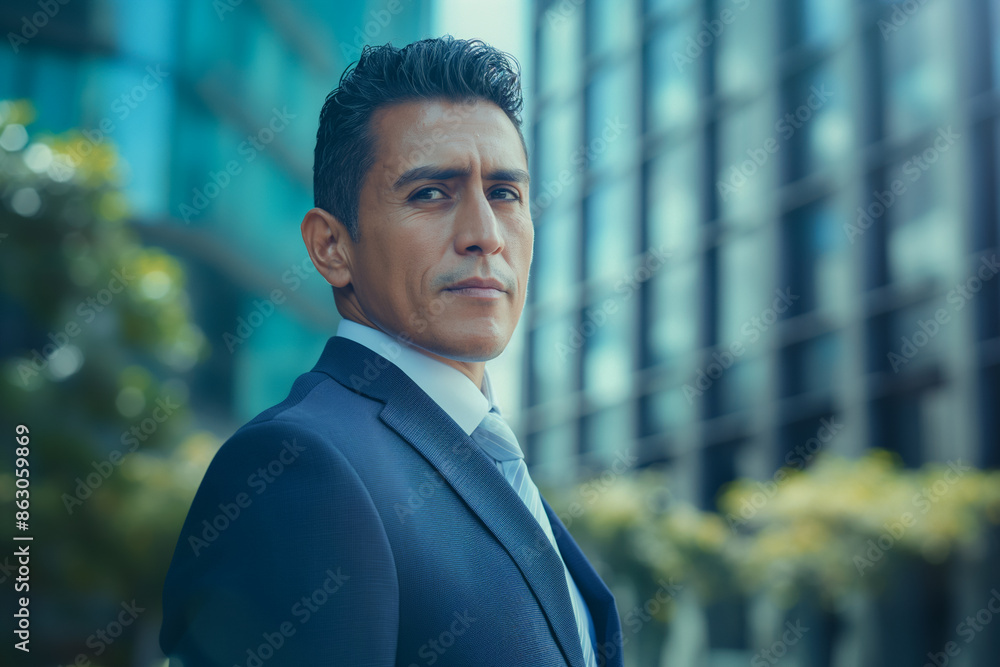 Successful brunette businessman in a suit standing in front of an office building. Generative AI. Successful brunette businessman in a suit standing in front of an office building. Generative AI.