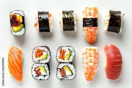 Top view of sushi set on a white background. photo