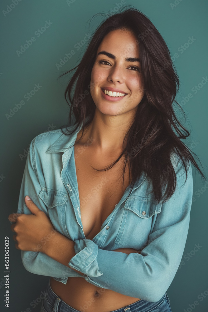 Fototapeta premium Sensual brunette girl in denim crop top with arms crossed on blue background. Generative AI.