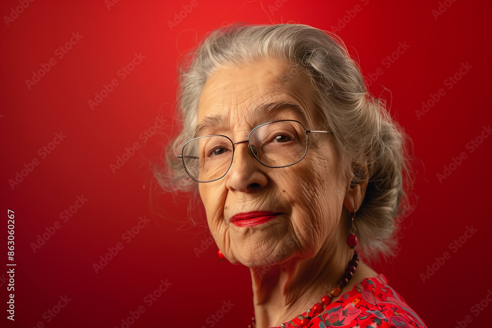 Nice white-haired lady in eyeglasses and red lipstick posing on red background. Generative AI. Nice white-haired lady in eyeglasses and red lipstick posing on red background. Generative AI.