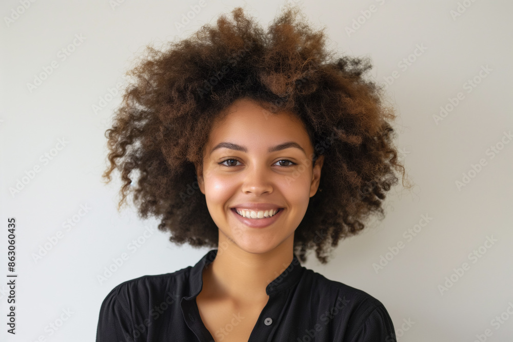 Stylish girl with afro hair smiling at camera on white background. Generative AI. Stylish girl with afro hair smiling at camera on white background. Generative AI.