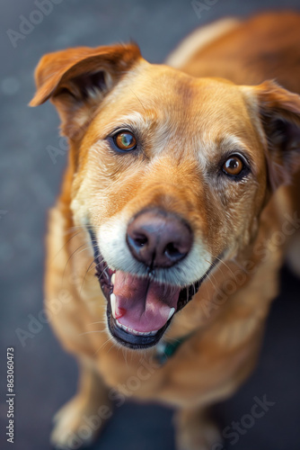 Beautiful happy golden dog sitting looks into the camera. Generative AI.