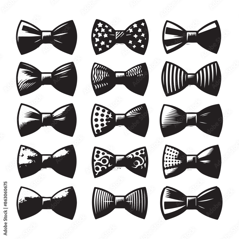 Black silhouettes Collection of bow ties on a white background Black silhouettes Collection of bow ties on a white background