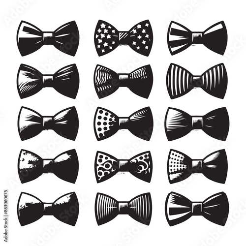 Black silhouettes Collection of bow ties on a white background