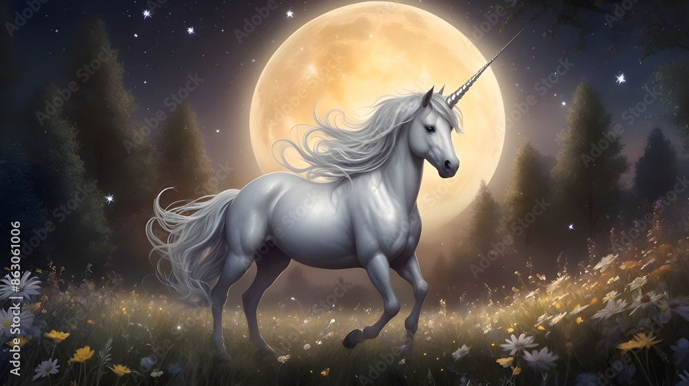Mythical unicorn in glowing fairy forest, Full moon in background Mythical unicorn in glowing fairy forest, Full moon in background