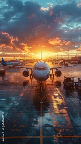 Fotografie Airplane on the Tarmac at Sunset.