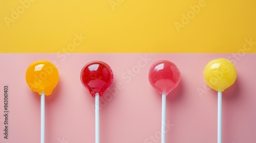 yummy sweet colour round lollipops on the colored background. minimalism style. copy space © Otseira