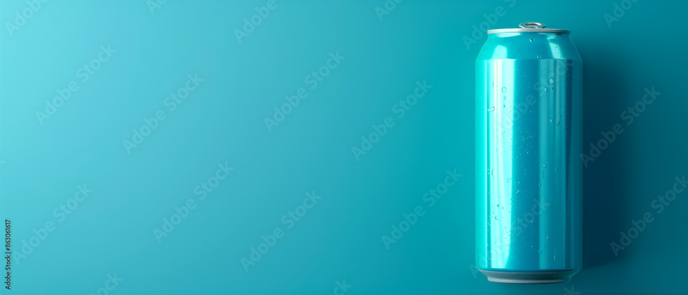 An unlabeled blue drink can isolated on blue panoramic background with copy space. Generative AI. An unlabeled blue drink can isolated on blue panoramic background with copy space. Generative AI.