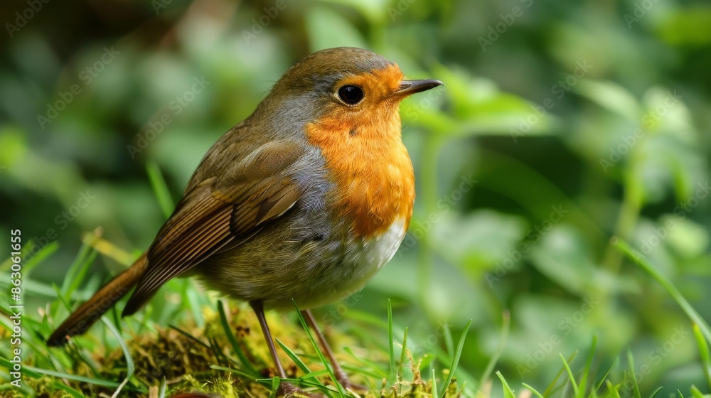 European Robin Perched on Mossy Ground European Robin Perched on Mossy Ground
