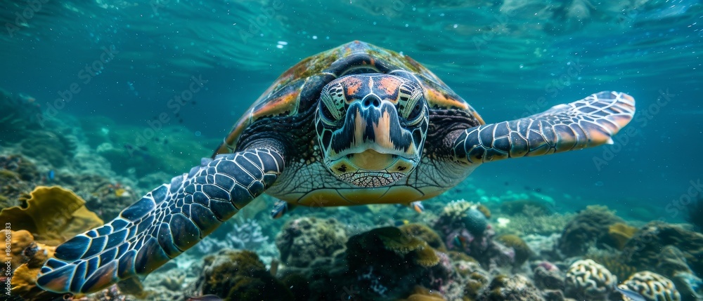 Fototapeta premium Close-up underwater photo of a sea turtle swimming among coral reefs in clear blue water.