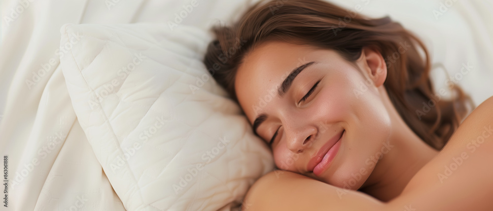Closeup portrait of beautiful young and happy woman sleeping comfortably lying in bed. Generative AI Closeup portrait of beautiful young and happy woman sleeping comfortably lying in bed. Generative AI