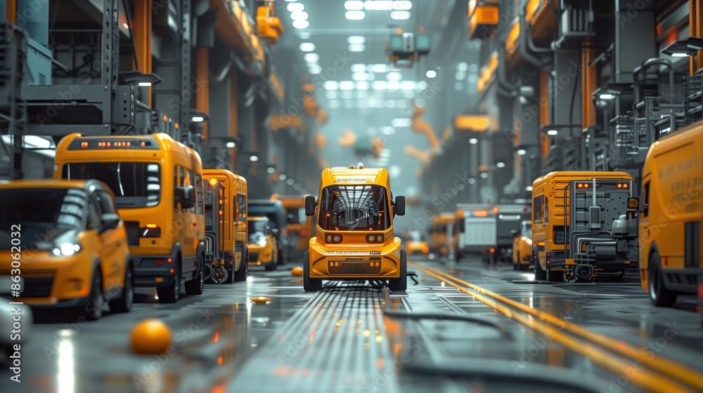 Obraz premium Futuristic Cityscape With Yellow Vehicles Lined Up on Wet Street