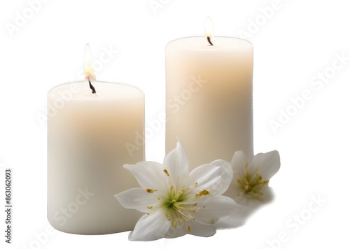 Two white candles and white lilies, creating a serene and peaceful ambiance perfect for relaxation, isolated with transparent concept