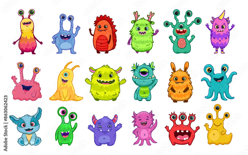 Obraz premium Big set of cartoon monsters. Cute monsters. Kids funny character design for posters, cards., magazins. Vector illustration