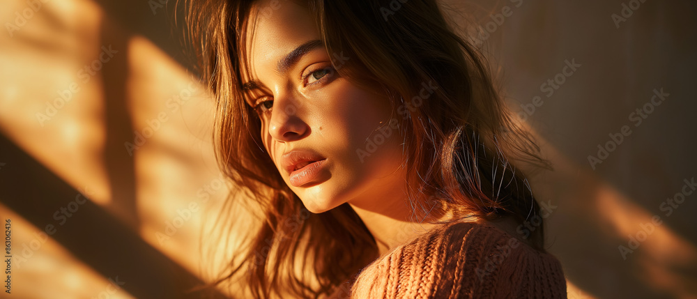 Closeup portrait young sensual brunette girl on pastel wall illuminated by sunlight. Generative AI. Closeup portrait young sensual brunette girl on pastel wall illuminated by sunlight. Generative AI.