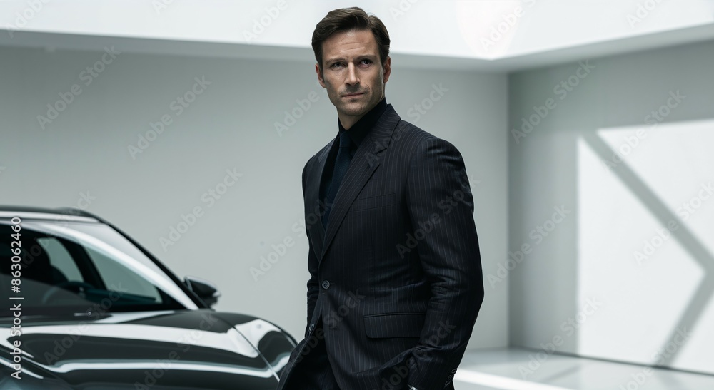 This is a photo of a man standing in front of a black car. He is wearing a black suit and a black shirt. The man has short dark hair and his hands are in his pockets.
This is a photo of a man standing in front of a black car. He is wearing a black suit and a black shirt. The man has short dark hair and his hands are in his pockets.