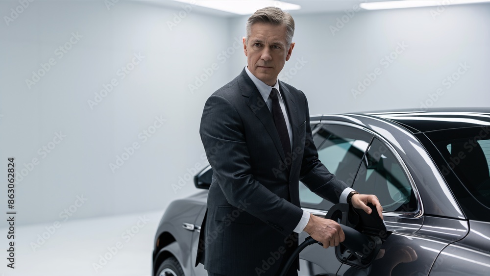 This is a picture of a man in a suit getting into a car. The man is standing on the driver's side of the car, with his left hand on the door handle and his right hand holding a briefcase. He is wearin This is a picture of a man in a suit getting into a car. The man is standing on the driver's side of the car, with his left hand on the door handle and his right hand holding a briefcase. He is wearin