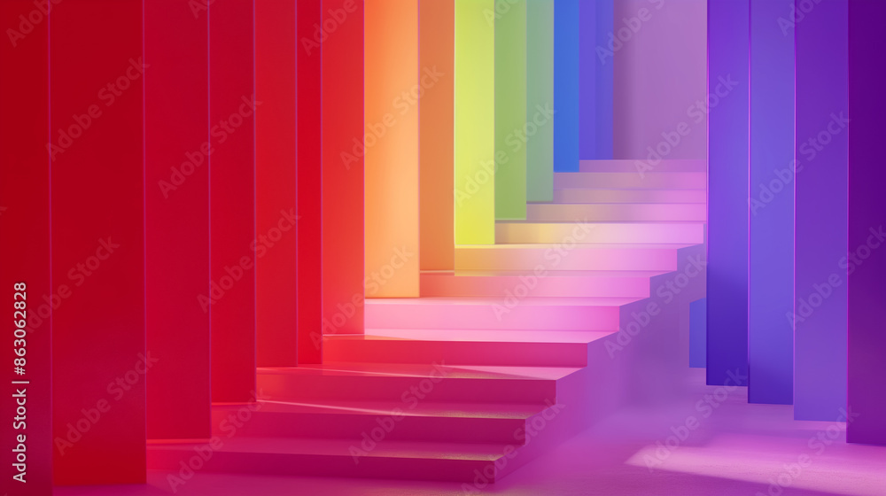Colorful shiny stairway background. Wide view. Generative AI. Colorful shiny stairway background. Wide view. Generative AI.