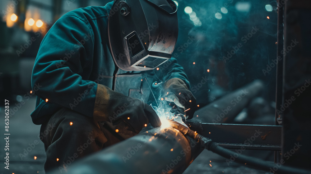 Professional welder working on metal welding in protective mask producing hot sparks. Generative AI. Professional welder working on metal welding in protective mask producing hot sparks. Generative AI.
