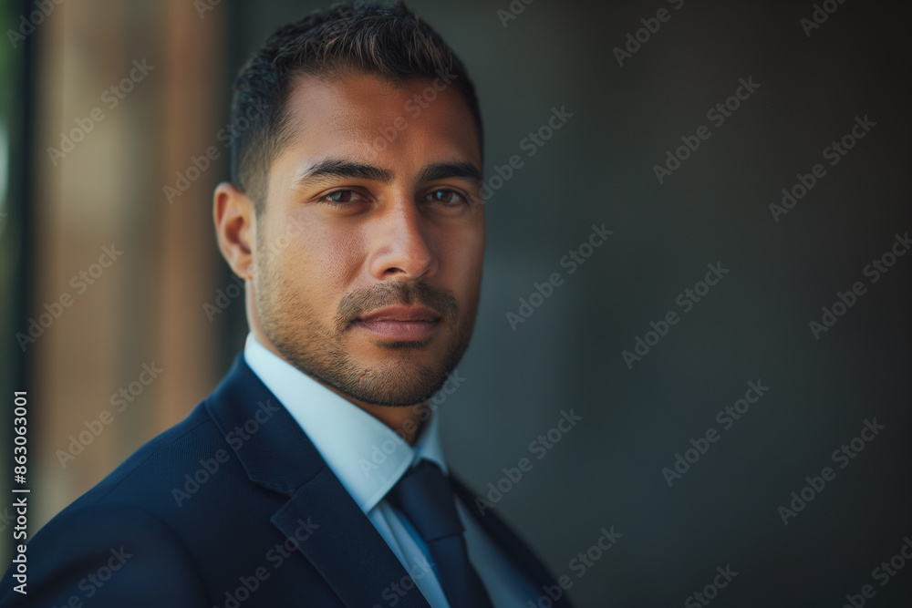 Head shot of young successful businessman in office looking confidently at camera. Generative AI. Head shot of young successful businessman in office looking confidently at camera. Generative AI.