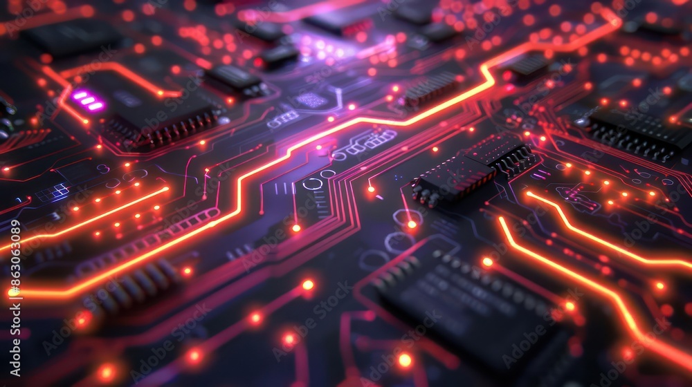 Detailed view of a circuit board with neon lights tracing pathways, with ample copy space Detailed view of a circuit board with neon lights tracing pathways, with ample copy space