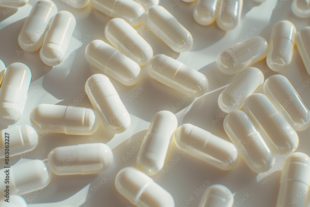 Macro shot of bunch of capsules. Background of blurred pills isolated on white. Generative AI.