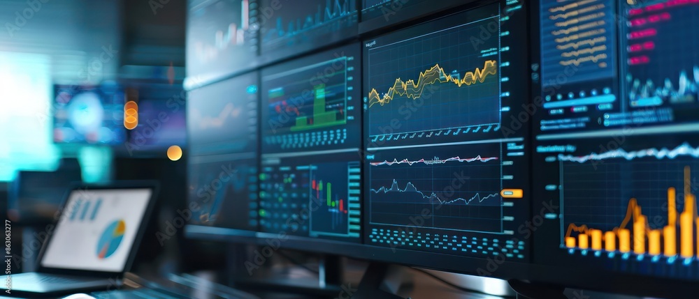 Detailed view of a computer screen displaying analytics charts, with ample copy space Detailed view of a computer screen displaying analytics charts, with ample copy space