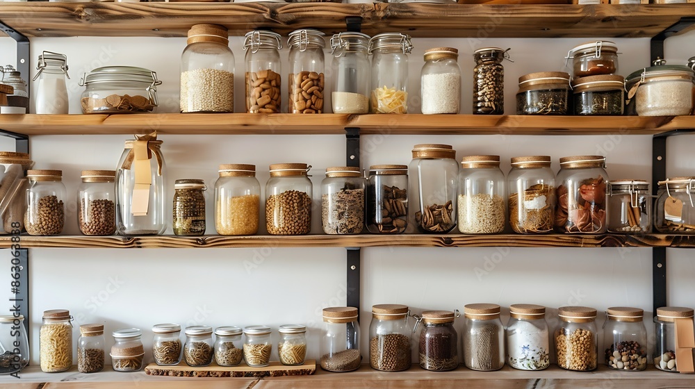 Zero Waste Home Solutions zerowaste lifestyle at home reusable products food storage solutions Modern Kitchen Pantry with Organized Storage Jars Jars on wooden shelve : Generative AI