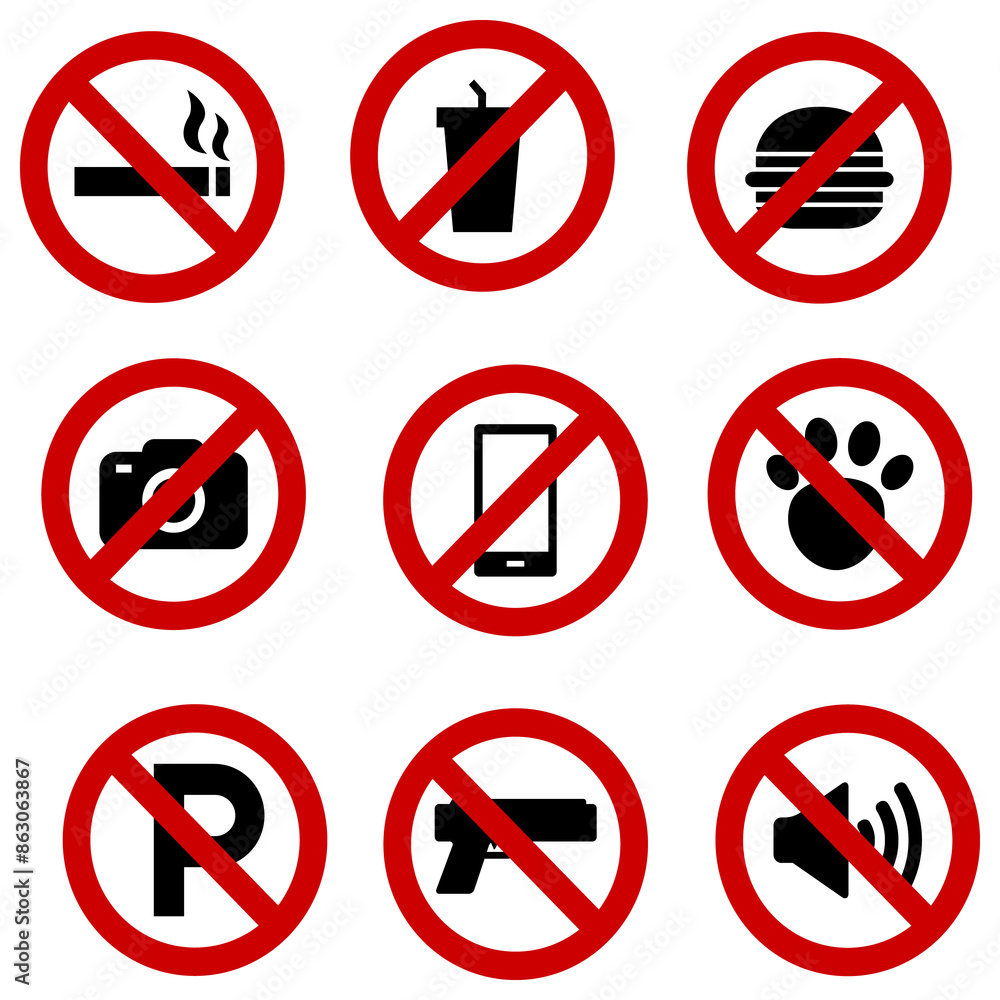 Prohibition signs set isolated on transparent background. Prohibition signs set isolated on transparent background.