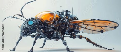 Detailed view of a futuristic insect drone with intricate mechanical parts, with space for text