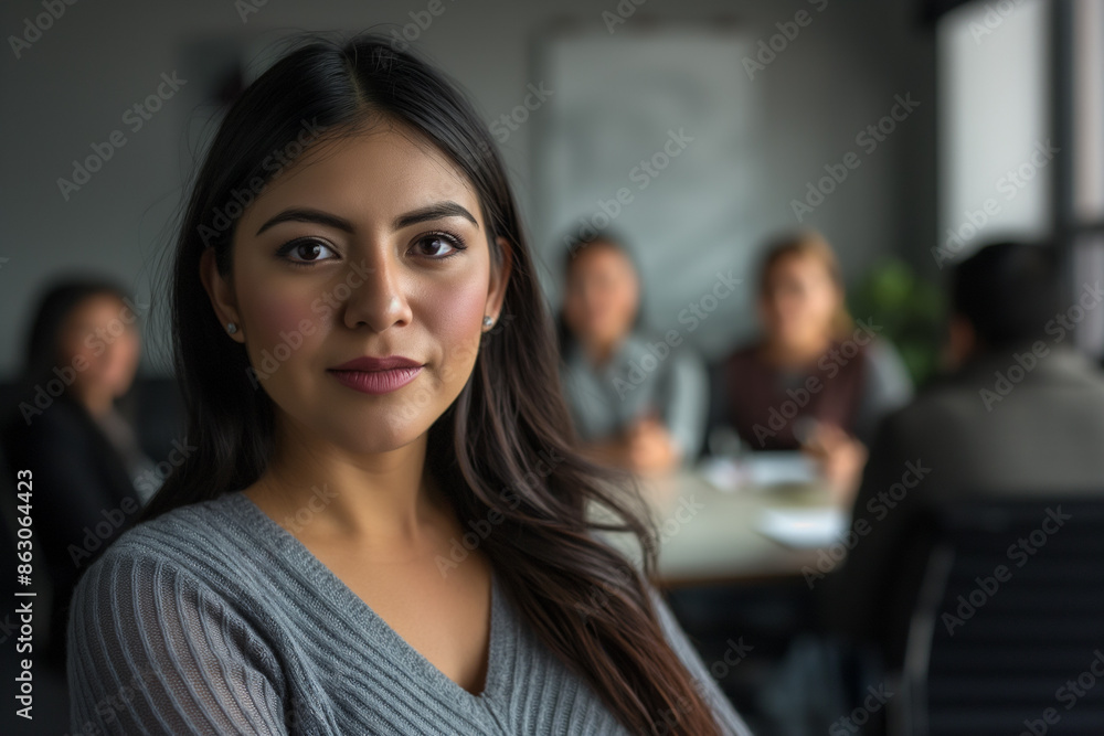 Fototapeta premium Well-dressed brunette woman looks at the camera while her colleagues talk at the table Generative AI