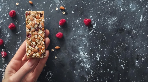 Detailed view of a hand holding a nutrientpacked cyber food bar, with space for text photo